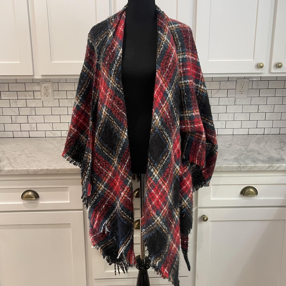 David and Young Shawl Womens One Size Red Poncho Tartan Plaid Knit Kimono Wrap